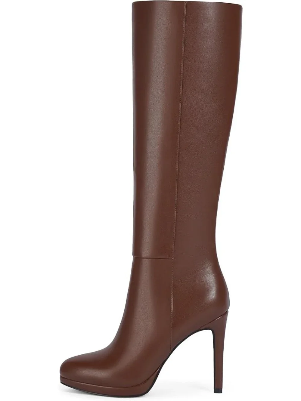 Women's Brown Pu2 Round Toe Stiletto Heels Fall Tall Platforms Boots Side Zipper